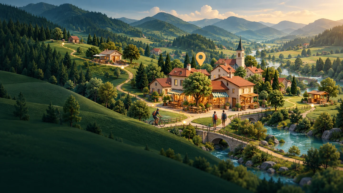 Konceptualna ilustracija lokalnih trgovin in gostinskih postojank, povezanih s peš in kolesarsko potjo v zeleni dolini.