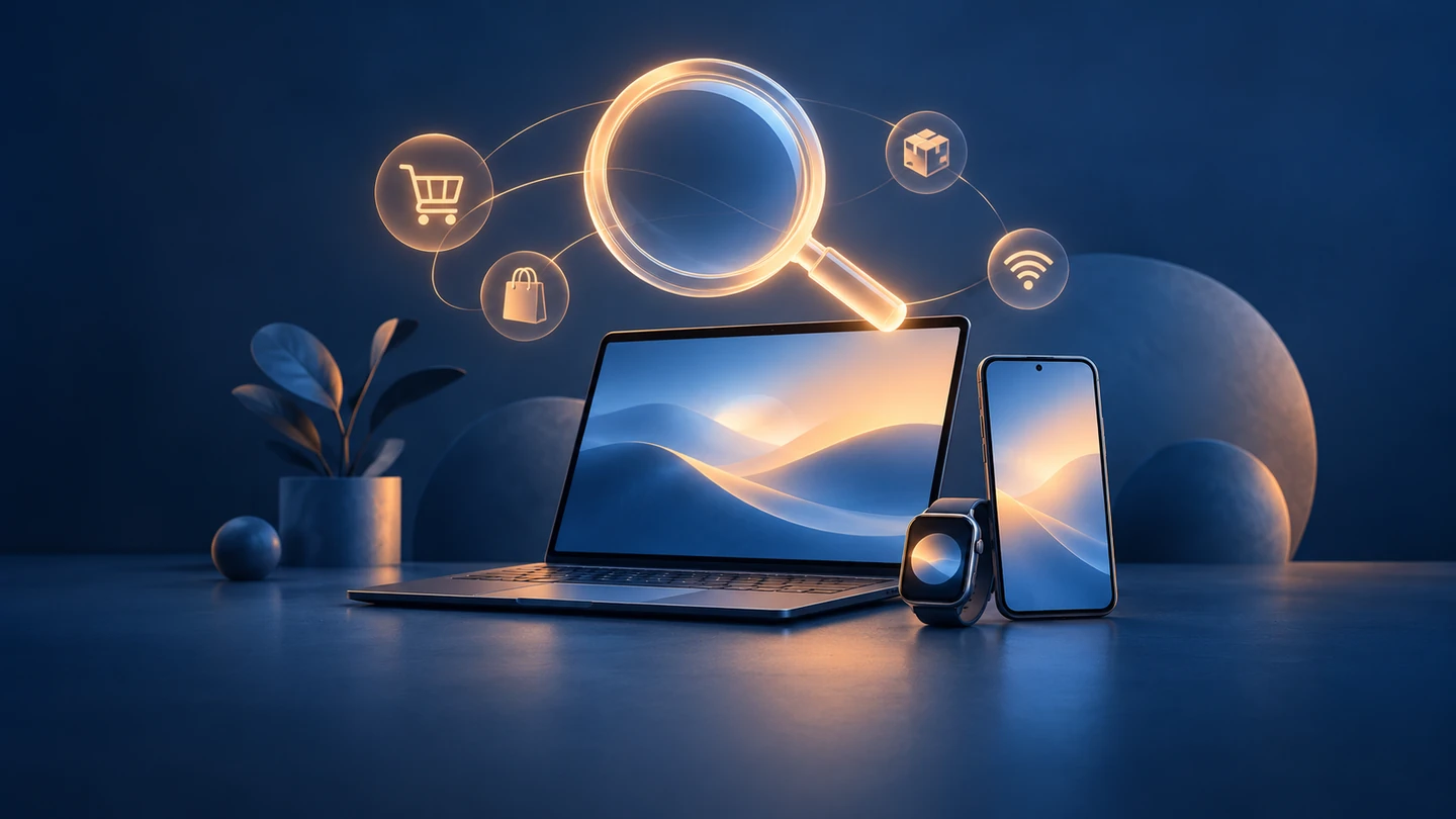 Illustration of a laptop, smartphone and smartwatch with a magnifying glass for online search.
