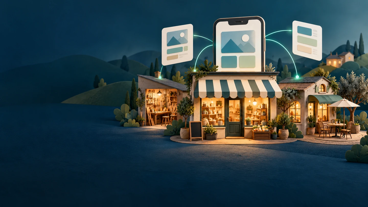 Illustration of local shops and a workshop connected through web presentations and digital communication.