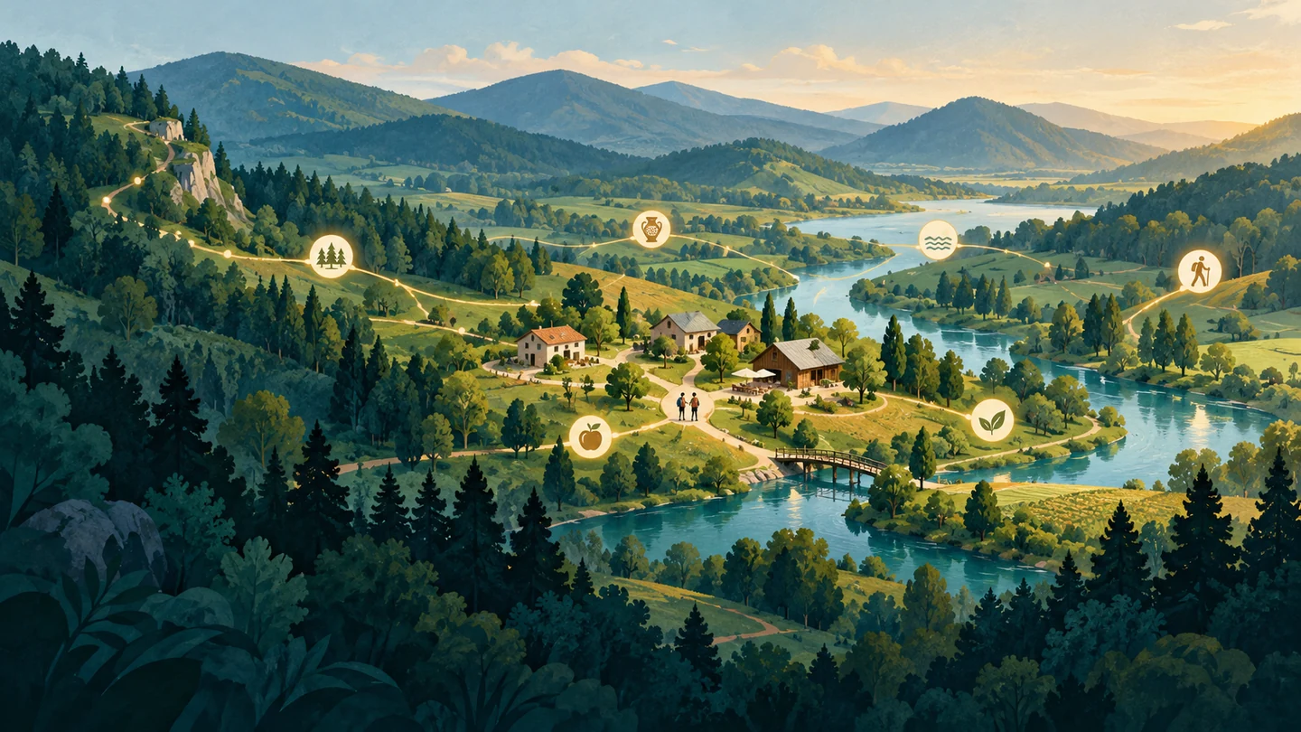 Conceptual illustration of local tourism providers and attractions linked by a network of routes.