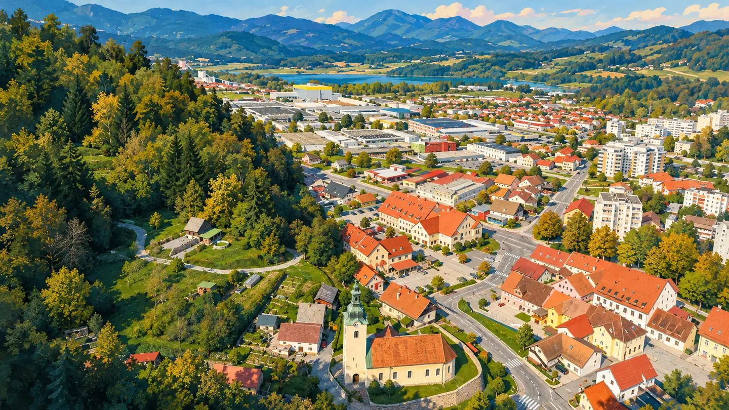 Illustrated view of Staro Velenje with red roofs, a church and a wooded hillside.