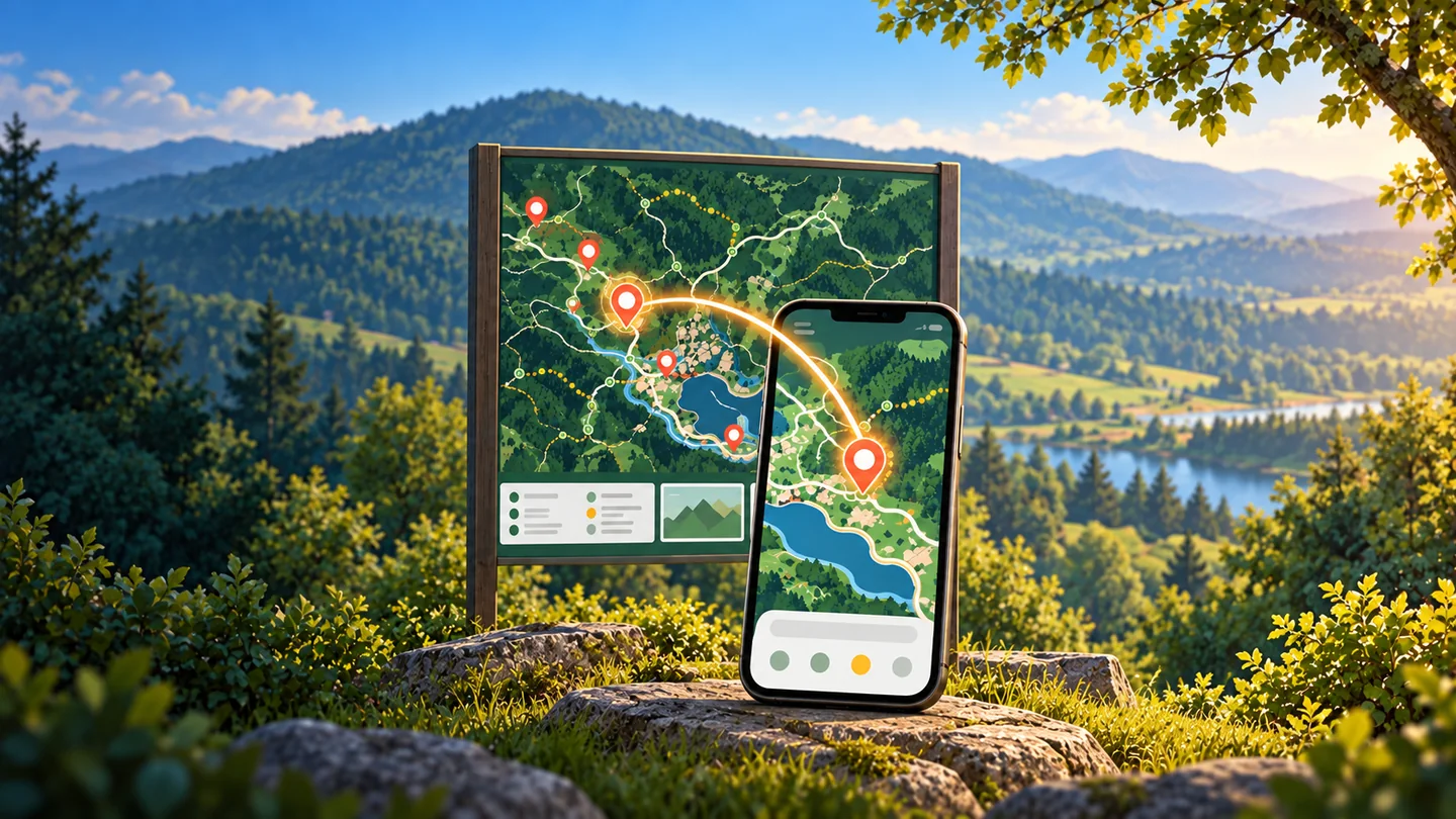 Illustration of a tourist map board and smartphone map joined by a glowing connection.