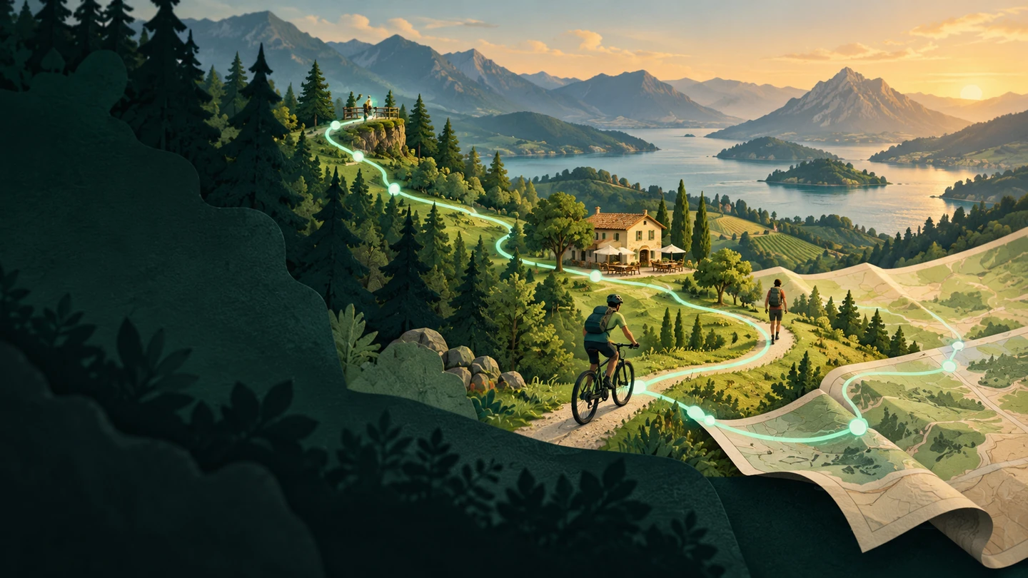 Illustration of a cyclist and walker beside a glowing trail that continues onto a map.