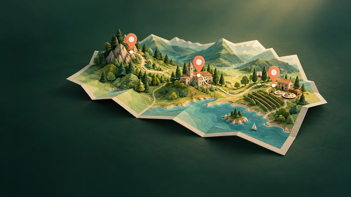 Illustrated tourist map linking natural attractions, cultural heritage and local food providers.