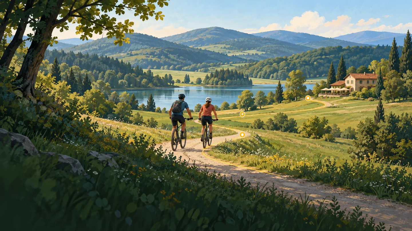 Illustration of two cyclists on a lakeside path with a highlighted digital route.