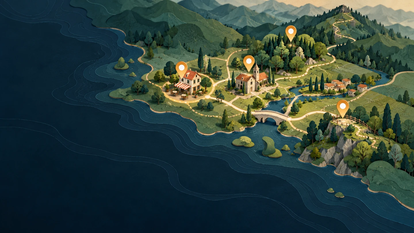 Illustration of connected places, local providers and natural attractions on a digital map.