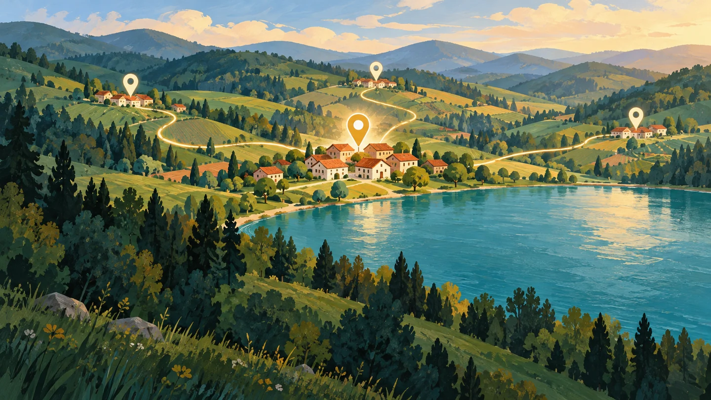 Illustration of lakeside villages with connected location pins representing local tourism providers.