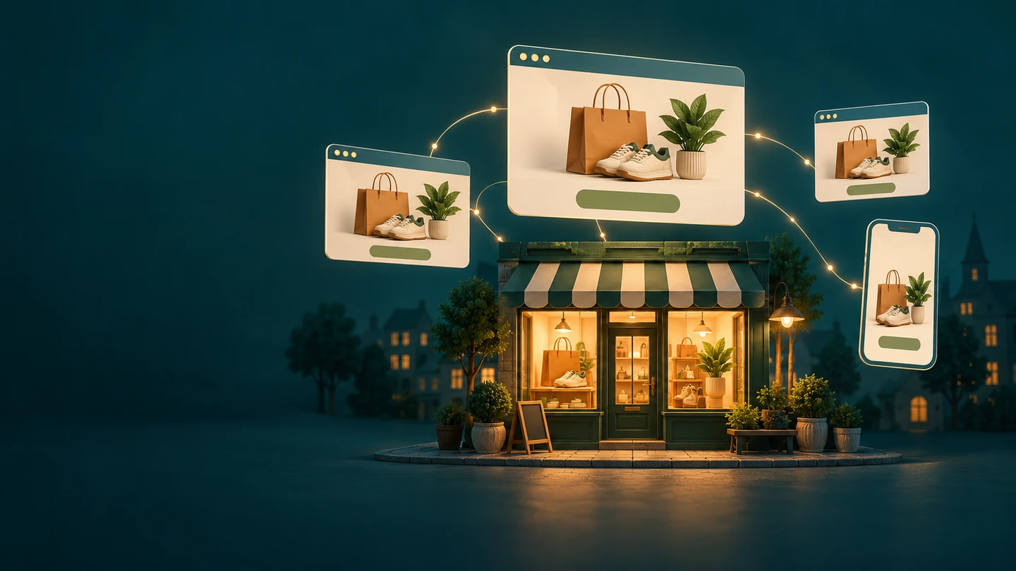 Illustration of a shop with connected offer displays on websites and a phone.