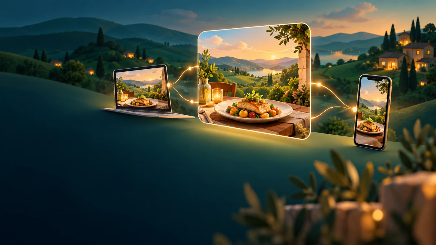 Illustration of a tourism and hospitality offer shared across an online card, laptop and phone.