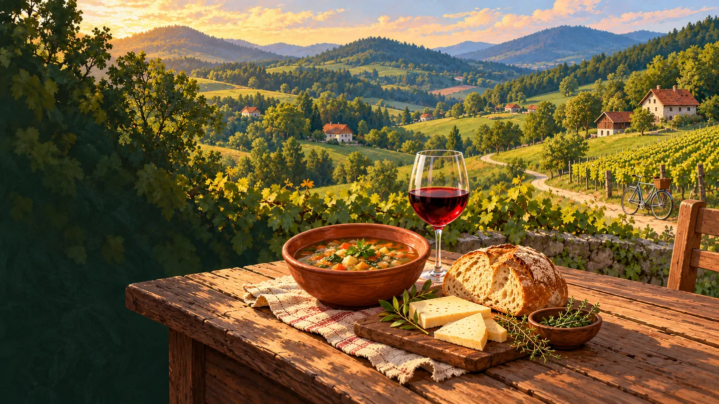 Ilustracija juhe, kruha, sira in vina na mizi, z vinogradi in kolesarsko potjo v ozadju.