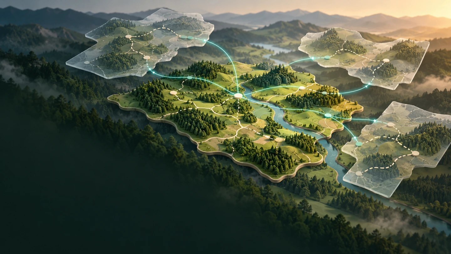 Illustration of connected tourism data on a map surrounded by duplicated, fragmented layers.